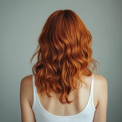 Fototapeta premium Back view of a young woman with long, wavy, vibrant red hair, wearing a simple white tank top against a muted gray backdrop.