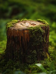 Moss-covered tree stump in a lush green forest, detailed texture of wood and vibrant green moss, shallow depth of field, natural light, tranquil forest scene.