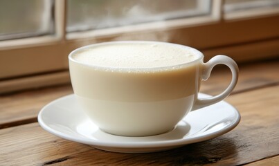 Obraz premium Steaming, creamy beverage in a white cup by a window.