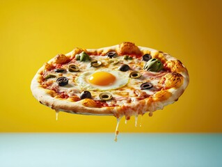 Delicious pizza with fried egg, olives, and artichoke hearts, cheese dripping, on yellow and blue background.  Close-up shot.