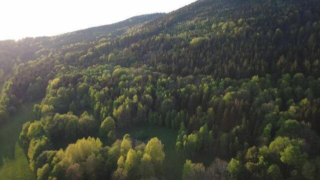 Aerial view of the Czech landscape with mountains and forests at sunset. Scenic spring evening over the Orlick&eacute; Mountains, Kr&aacute;lick&yacute; Sněžn&iacute;k, and Doln&iacute; Morava region