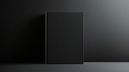 Dark-toned book mockup against a textured black backdrop, showcasing a blank cover for design or publishing purposes; simple, minimalist composition with subtle lighting.