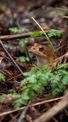 Obraz premium A portrait of a small brown frog peering through twigs and green plants in natural habitat of a woodland forest landscape.