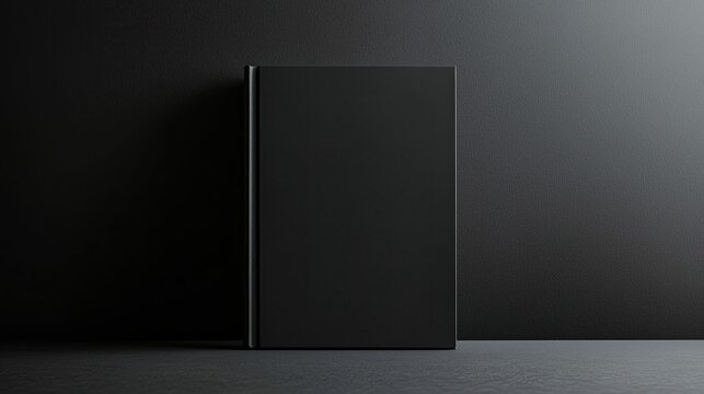 Dark-toned book mockup against a textured black backdrop, showcasing a blank cover for design or publishing purposes; simple, minimalist composition with subtle lighting.