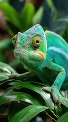 Close-up of a vibrant green chameleon with textured skin and bulging eyes, resting amongst lush green leaves in a natural habitat.