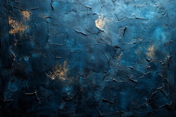 Abstract textured blue background with golden metallic elements scattered throughout
