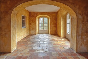 Fototapeta premium Interior of arched hallway with warm lighting and rustic tiled floor