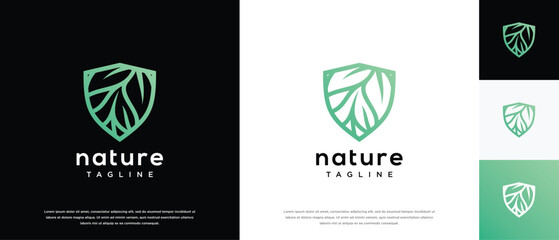 Nature security shield logo design. Shield logo design vector icon with leaves.