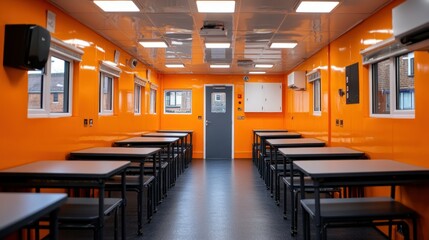Orange modular canteen interior, tables, chairs, building