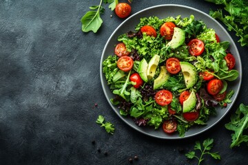 Top view of healthy green salad with tomatoes cucumbers and dressing in a bowl