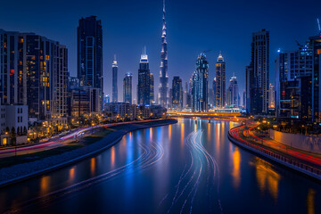 Obraz premium Serenity Beneath the Urban Glow: A Nighttime Metropolis in Luminous Contrast