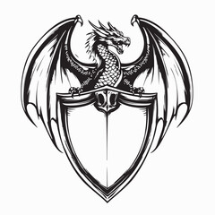 Dragon Shield Vector. Dragon Flying on Shield logo design vector on white background.