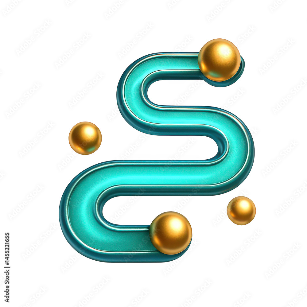 Poster a winding metallic teal path structure adorned with gleaming golden spheres, illustrating a flow or 