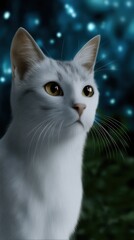 Portrait of a regal white cat with yellow eyes gazing upwards at a mysterious bokeh and foliage background