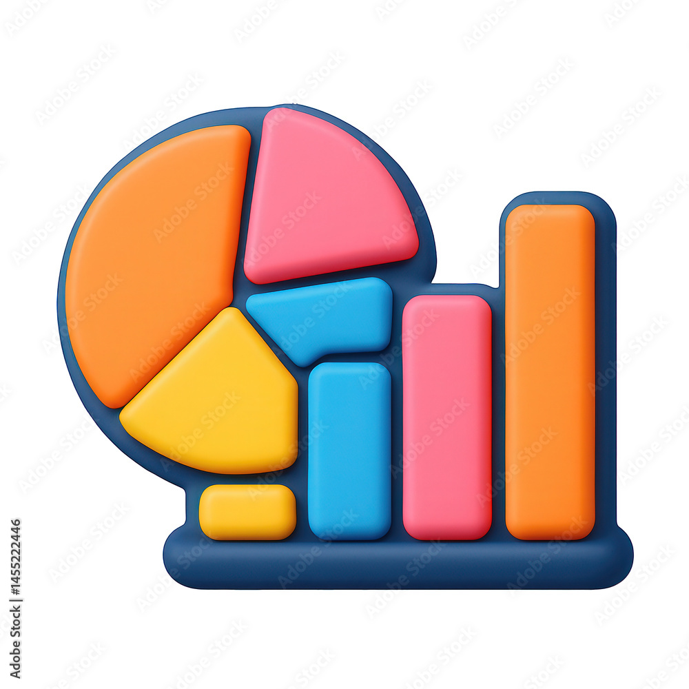 Poster colorful 3d abstract illustration depicting segmented pie chart and rising bar graph forms for data 