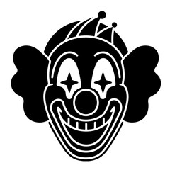 Black and white vector illustration of a smiling clown face.