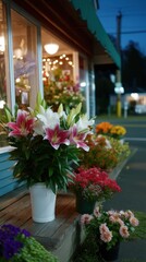 Fototapeta premium Flower shop displaying colorful potted flowers including lilies and dahlias outside its storefront at dusk