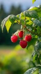 Obraz premium Close-up of vibrant raspberries hanging from thorny branches with bright, textured green foliage in natural light and soft, green bokeh background.