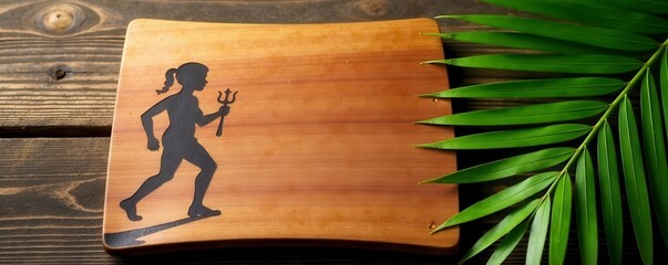 Handcrafted teak plate, palm frond silhouette, plate mockup, wooden texture, tropical leaves