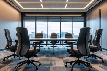 Modern Collaborative Conference Room with Advanced Multi-Function Chairs and Sleek Design for High-Tech Office Meetings