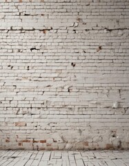 Obraz premium Cracked, aged white brick wall; grungy, uneven surface , chipped, rustic, grunge
