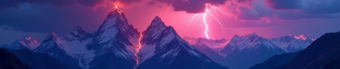 Jagged peaks illuminated by a dramatic lightning strike , intense, peak