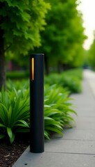 Modern minimalist bollard, sleek silhouette against greenery , sleek, bright, refined