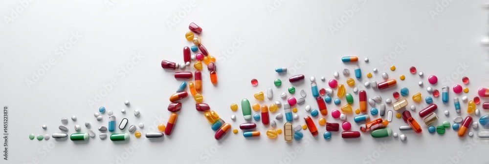 Poster floating figure created from assorted medicines and capsules in a modern setting depicting health an