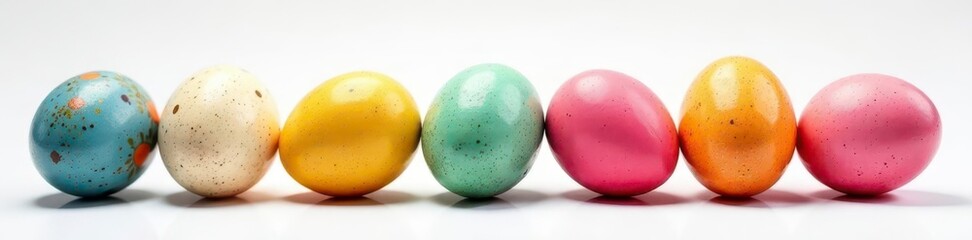 Vibrant painted eggs line up, white background , celebration, candy, pattern