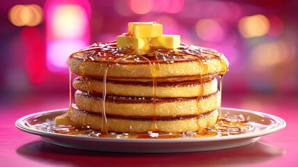 retro diner pancakes stack with syrup drizzle and butter on top, glowing pink and red neon diner background, cozy American breakfast vibe