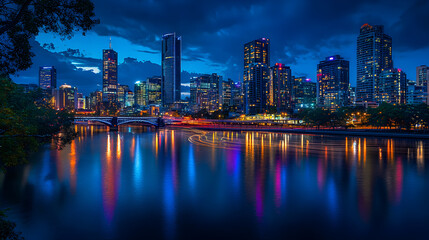 Obraz premium Serenity Beneath the Urban Glow: A Nighttime Metropolis in Luminous Contrast