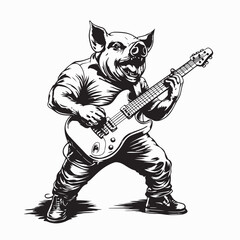 Pig Playing Guitar Vectors. Pig Guitar Stock Illustration on white background.