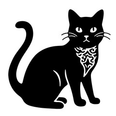 A black cat with a patterned bandana sits against a white background.  The image is a simple, stylish vector illustration.
