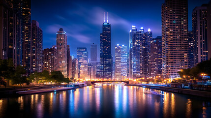 Serenity Beneath the Urban Glow: A Nighttime Metropolis in Luminous Contrast