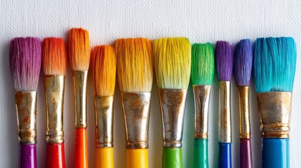 Fototapeta premium Paintbrushes arranged in rainbow colors isolated on white background