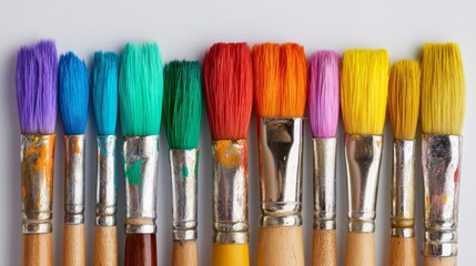 Fototapeta premium Paintbrushes arranged in rainbow colors isolated on white background
