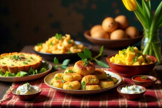 A table laden with traditional South Sudanese Easter food, including kisra , spring, religious, East Africa