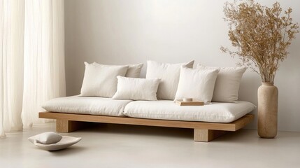 Modern, light-colored sofa with natural wood platform.