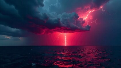 Fiery red bolts crack across a black sea under a monstrous storm cloud , infernal, epic, elemental force
