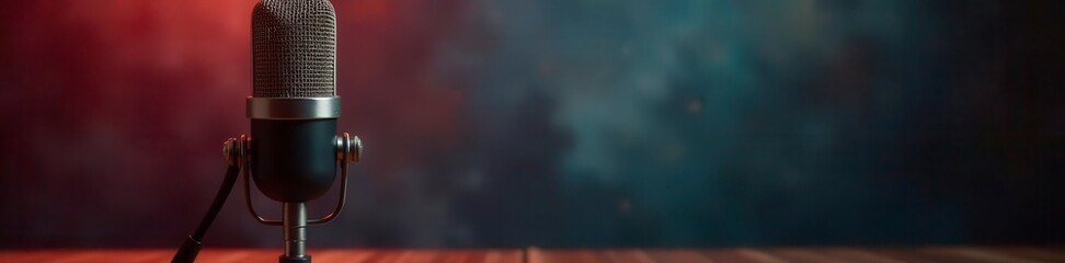 Vintage microphone with pop filter, acoustic foam backdrop, singing, background, retro