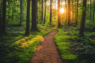 Fototapeta premium Pathway through lush green forest with sunlight shining through trees