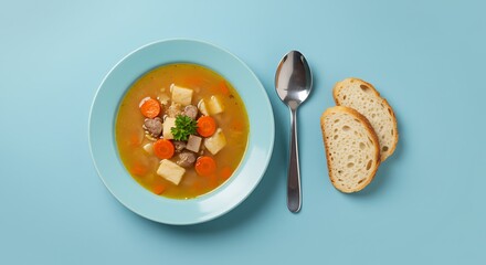 Overhead shot of hearty soup with vegetables, meat, and bread slices.