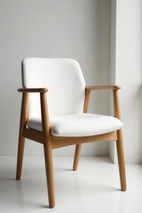 Fototapeta premium Compact white fabric chair, sturdy wooden frame, lightweight, indoor outdoor, wood