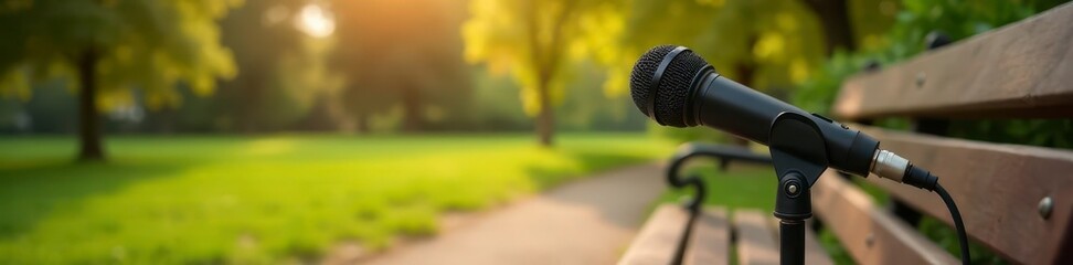 Podcast microphone on park bench, nature sounds, nature, spring, scenic