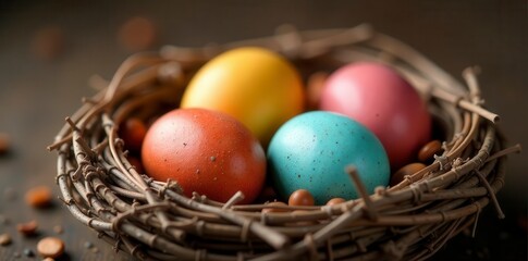 Naklejka premium Speckled and solid-color eggs in a rustic, earthy nest , country, spring