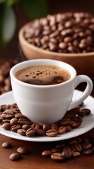 Fototapeta premium Steaming espresso in a white cup with coffee beans on a saucer and bowl full of beans.