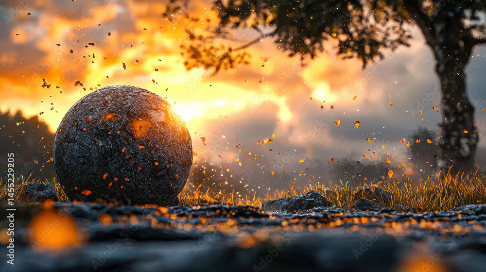 Poster visual imagination presents a realistic 4k 3d background scene of a stone sphere at sunset, rendered