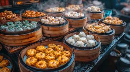 Obraz premium A vibrant array of steaming dumplings in bamboo baskets