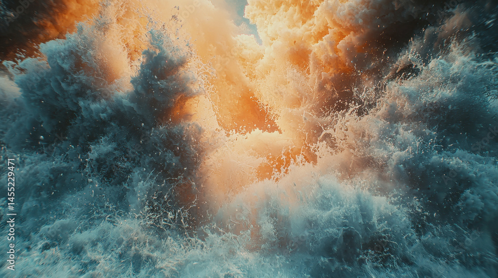 Poster a dynamic 4k visual background featu realistic 3d fluid dynamics with vibrant orange and blue hues c