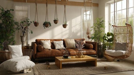 Rustic living room interior with warm lighting and plants.